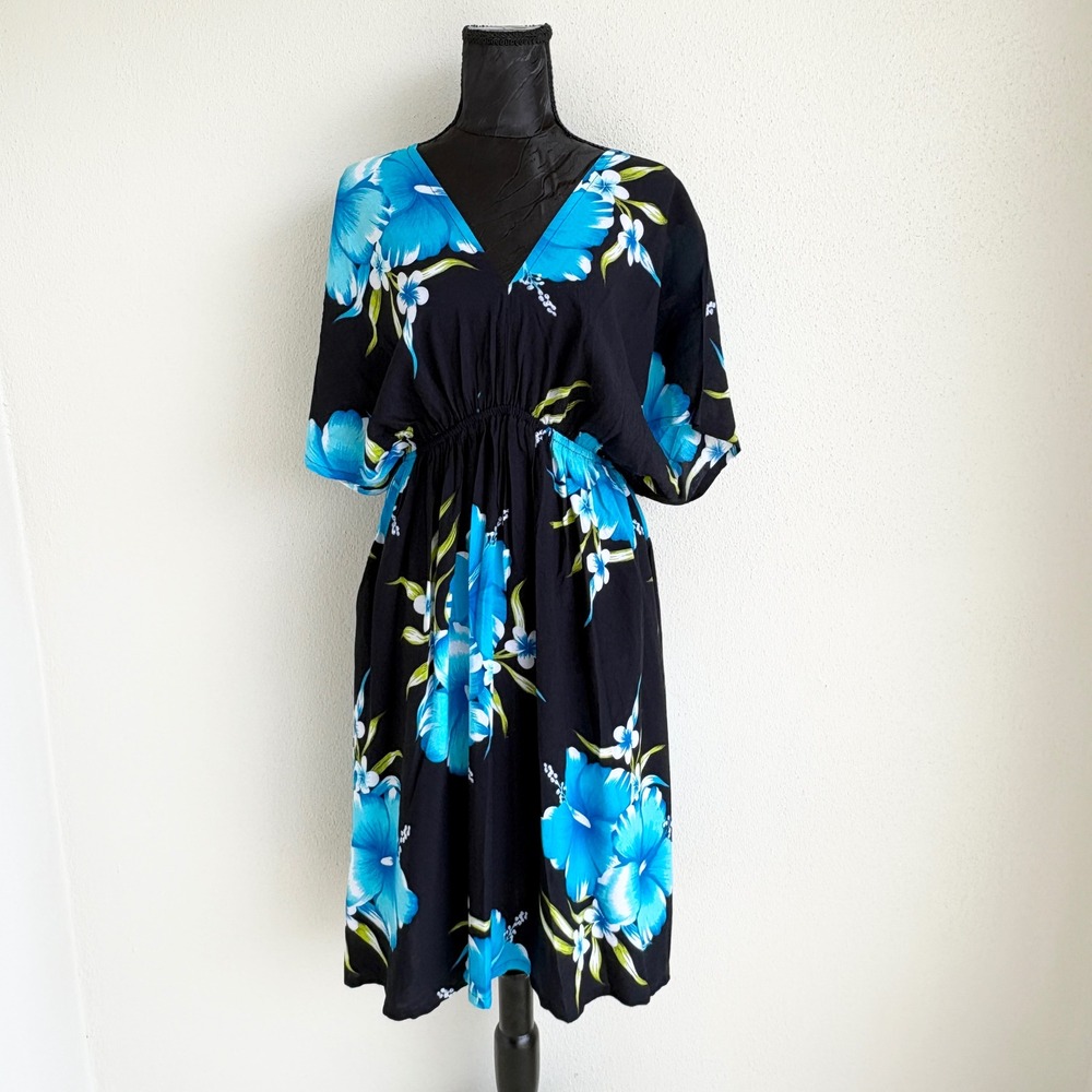 Aloha Fashion Hawaiian Dress Floral Hibiscus‎ Rayon, Womens OS Black Blue